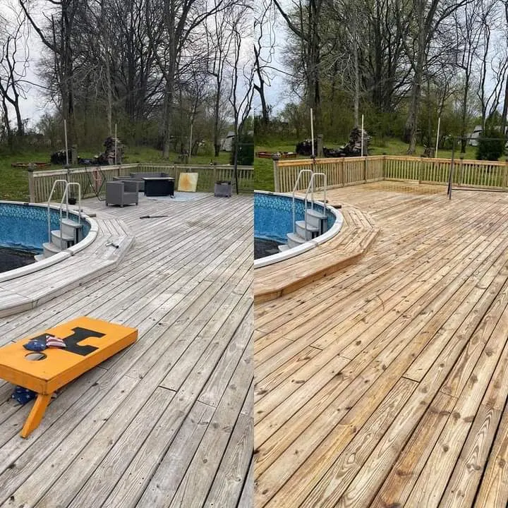 Before and after of a wood pool deck